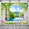 CORFOTO 15x10ft Fabric Window View Mountains Backdrop Flowers Window Nature Waterfall Scenery Photography Background for Kids Children Baby Shower Birthday Party Decor Bedroom Aesthetic Wall Decor view 1