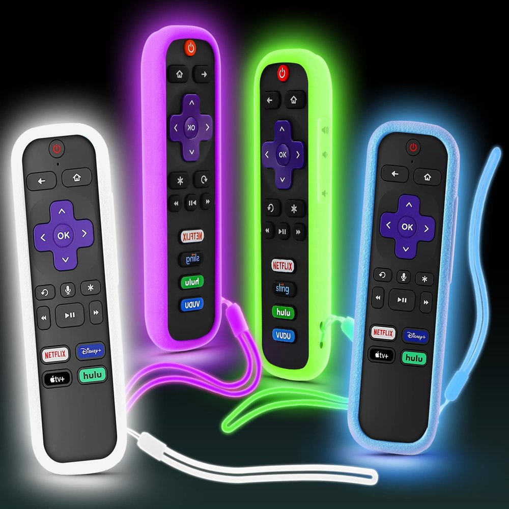 [4 Pack] SOTATOO Case for Roku Remote, Battery Cover for TCL Roku Smart TV Steaming Stick Remote, Silicone Protective Controller Universal Sleeve Skin Glow in The Dark White Blue Purple Green