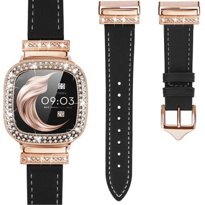 Leather Watch Band Compatible with Fitbit Sense 2 Bands/Fitbit Versa 4 Bands Women, Dressy Leather Strap with Rhinestone Metal Buckle for Versa 3/Sense (Fitbit Sense/Versa 3, Rose Gold/Black)