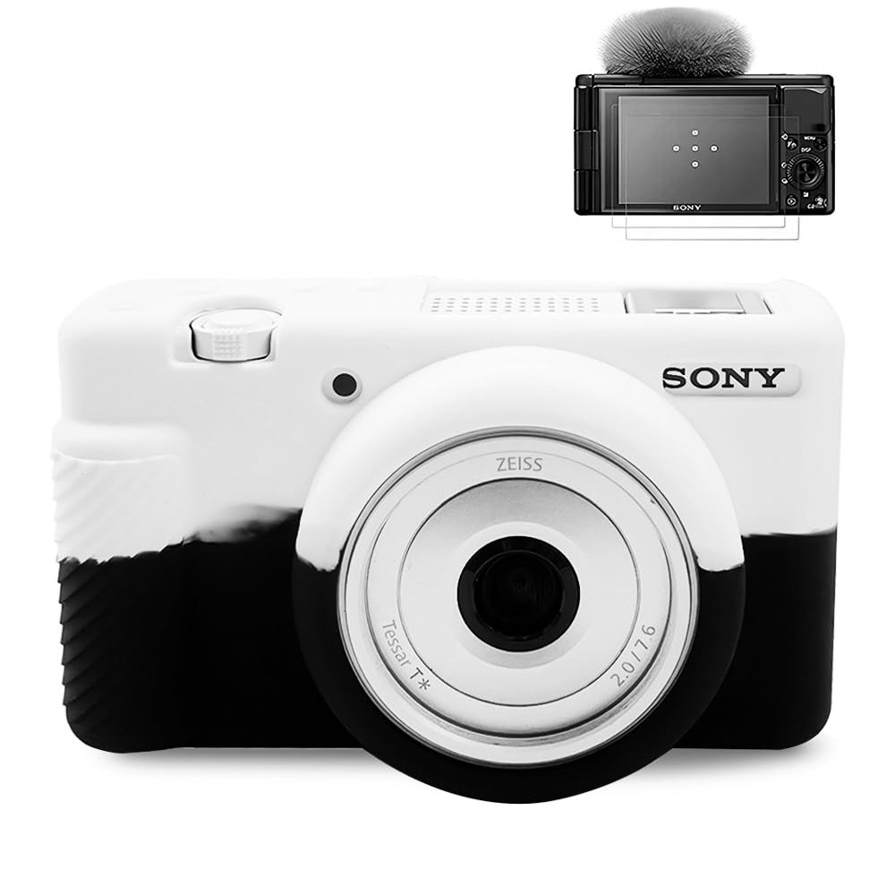 Pocoukate Case for Sony ZV-1F, ZV-1 II/ZV-1M2 Vlog Camera, ZV1F Camera Silicone Cover Skin, Anti-Scratch Slim Fit Soft Sleeve with ZV1 F Screen Protector- Black & White