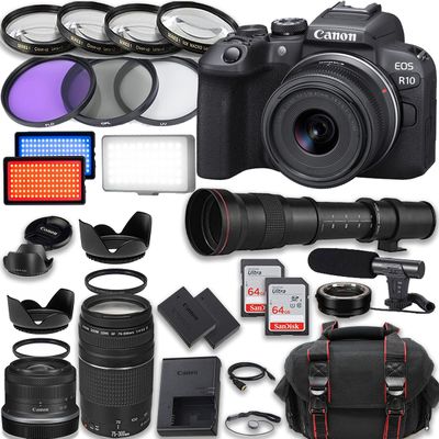 Canon EOS R10 Mirrorless Camera RF-S 18-45mm f/4.5-6.3 is STM + 75-300mm III + 420-800mm HD Lenses + Accessories: LED Video Light, 2X 64GB Memory Cards & More (Renewed)