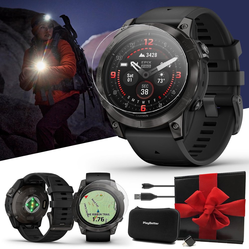 PlayBetter Garmin epix Pro (Gen 2) Sapphire (Carbon Gray DLC/Black, 47mm) GPS Outdoor Watch Gift Box Bundle - AMOLED Display & Built-in Flashlight - Includes Screen Protectors, Wall Adapter & Case