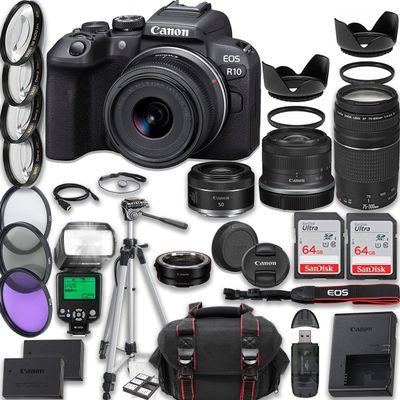 Canon EOS R10 Mirrorless Camera RF-S 18-45mm f/4.5-6.3 is STM + EF 75-300mm f/4-5.6 III + RF 50mm f/1.8 STM Lenses + 2X 64GB Memory Cards, TTL Flash, Extra Battery, Case, Tripod & More (Renewed)