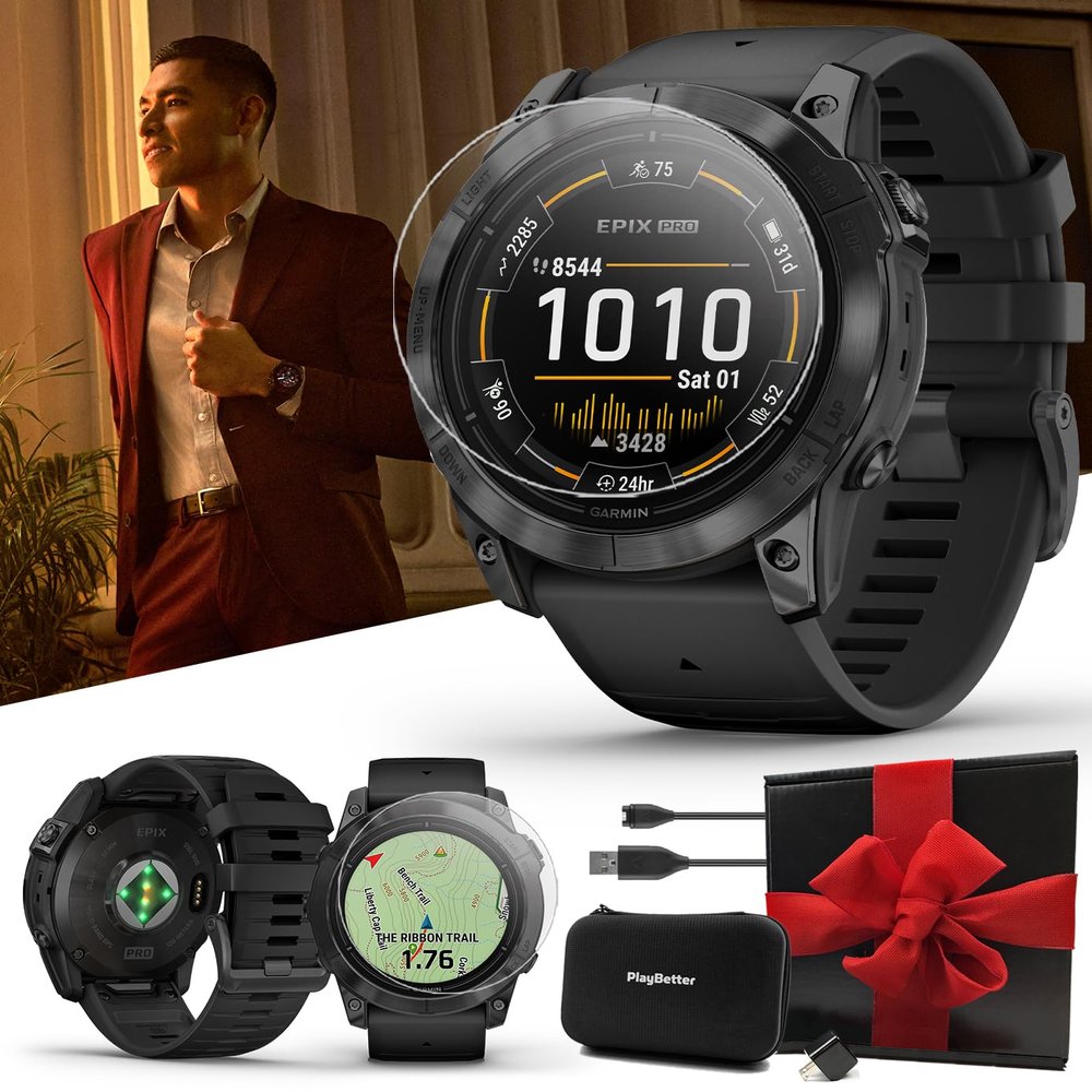 PlayBetter Garmin epix Pro (Gen 2) (Slate Gray/Black, 51mm) GPS Outdoor Watch Gift Box Bundle - AMOLED Display & Built-in Flashlight - includes Screen Protectors, Wall Adapter & Case