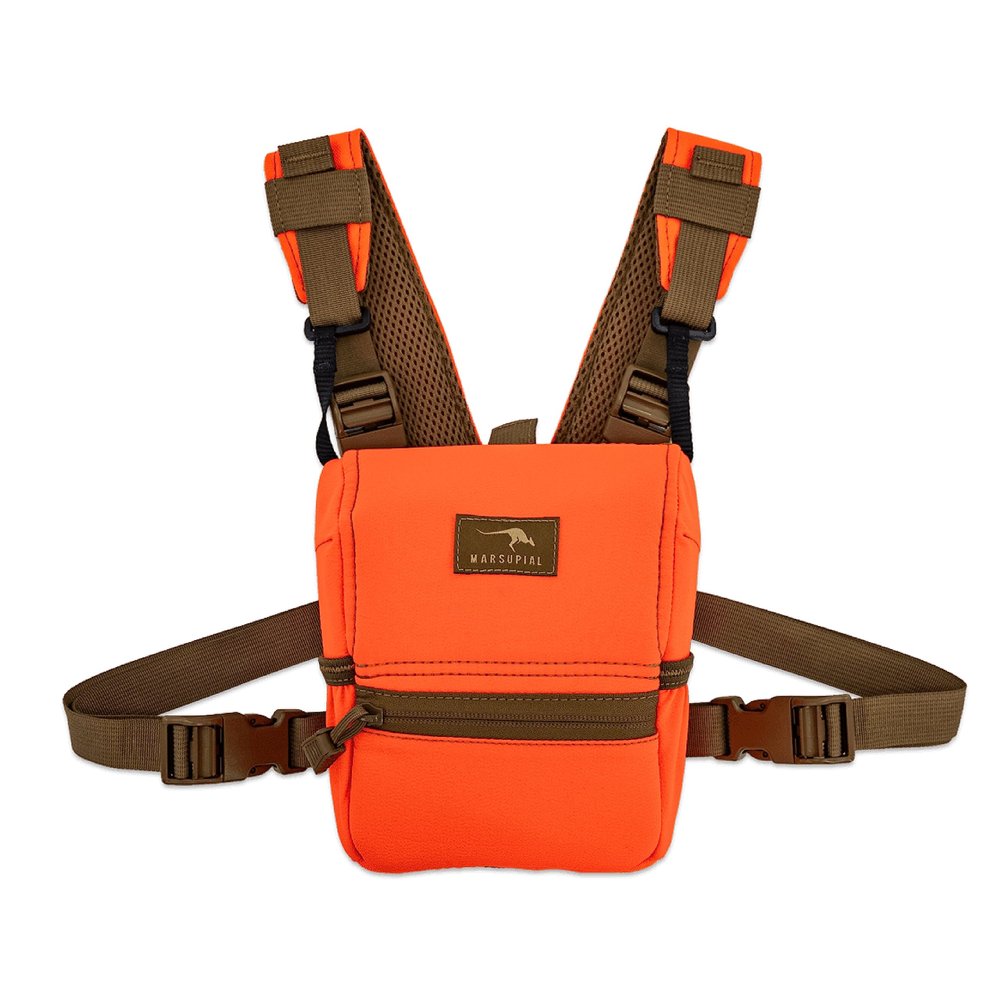 Marsupial Gear Enclosed Binocular Pack  Bino Chest Harness Built for Hunting & Outdoor Adventure with Full-Protection Design, Blaze, Medium