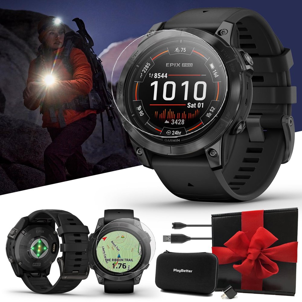 PlayBetter Garmin epix Pro (Gen 2) (Slate Gray/Black, 47mm) GPS Outdoor Watch Gift Box Bundle - AMOLED Display & Built-in Flashlight - Includes Screen Protectors, Wall Adapter & Case