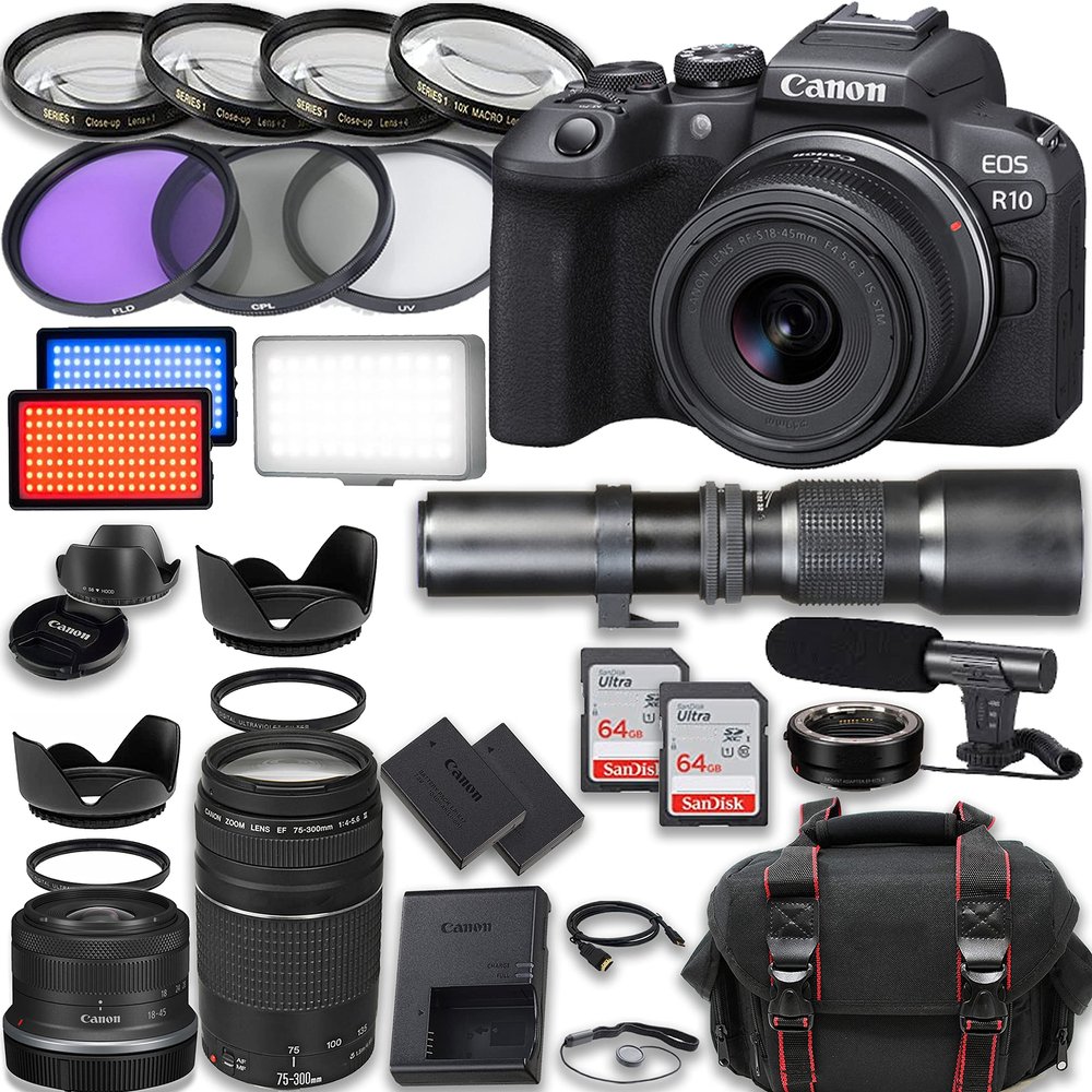 Canon EOS R10 Mirrorless Camera RF-S 18-45mm f/4.5-6.3 is STM + 75-300mm III + 500mm f/8 Focus Lenses + Accessories: LED Video Light, 2X 64GB Memory Cards & More (Renewed)