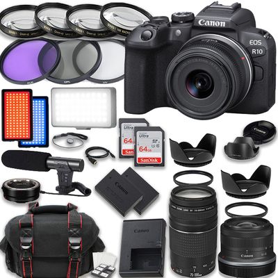 Canon EOS R10 Mirrorless Camera RF-S 18-45mm f/4.5-6.3 is STM Lens + 75-300mm III Lens + Accessories Included: LED Video Light, 2X 64GB Memory Cards, Case & More (Renewed)