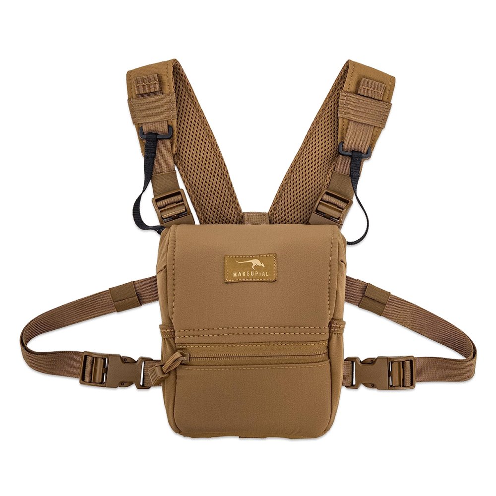 Marsupial Gear Enclosed Binocular Pack  Bino Chest Harness Built for Hunting & Outdoor Adventure with Full-Protection Design, Coyote, Small