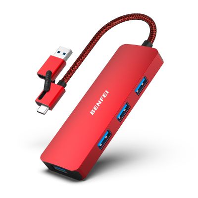 BENFEI USB 3.0 Hub, USB-C HUB, 2-in-1 USB Type-A/Type-C Hub with 4 USB 3.0 Ports [Aluminum Shell, Nylon Braided] Compatible with iPhone 15 Pro/Max, MacBook Pro/Air 2023, iPad Pro, iMac, S23, XPS 17