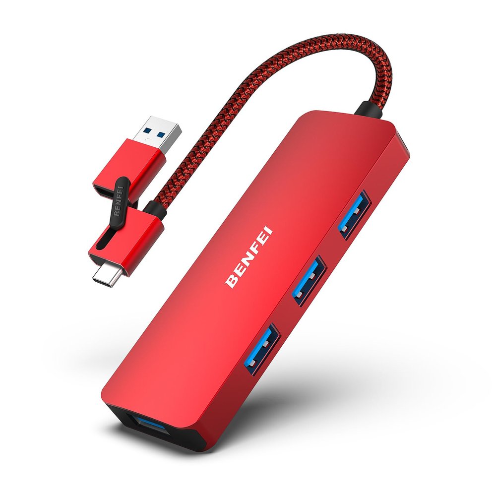 BENFEI USB 3.0 Hub, USB-C HUB, 2-in-1 USB Type-A/Type-C Hub with 4 USB 3.0 Ports [Aluminum Shell, Nylon Braided] Compatible with iPhone 15 Pro/Max, MacBook Pro/Air 2023, iPad Pro, iMac, S23, XPS 17