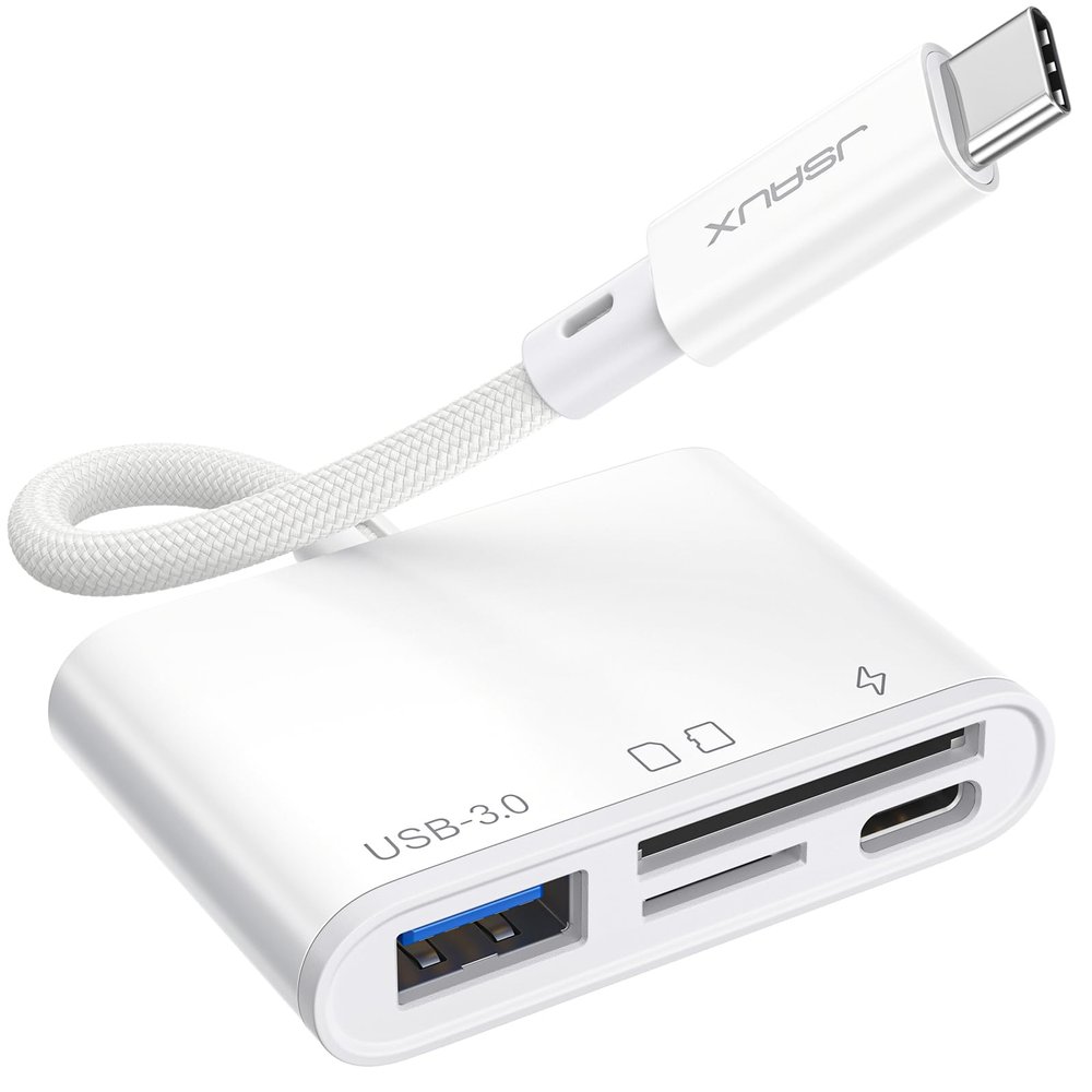 4-in-1 USB C SD Card Reader, JSAUX USB-C Micro SD Card Reader with (USB 3.0 & Charging) Port Compatible with iPhone 16/16 Plus/16 Pro/16 Pro Max, Android, Mac, Galaxy, iPad Pro, Camera -White