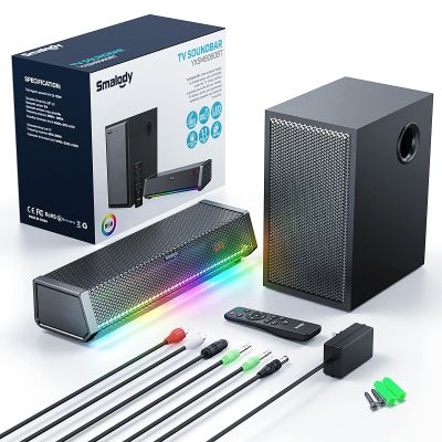 Smalody TV Speakers, Home Theater Speaker Wireless Audio Sound Bar TV Speaker + Bass Subwoofer, Bluetooth Enabled/Optical/AUX/COAXIAL Inputs/Remote Control