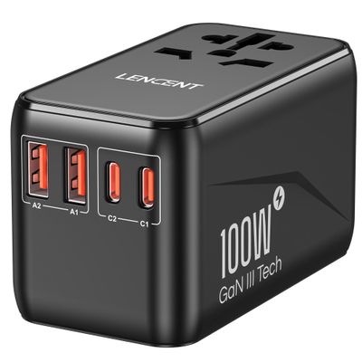 LENCENT Universal Travel Adapter, 100W GaN3 International Adaptor with 2 QC4.0 USB-A+2 PD3.0 Type-C PPS Fast Charging, Worldwide Wall Charger for iPhone,Samsung,Laptop, Plug Adapter USA/UK/EU/AU Black