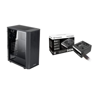 ARESGAME at-M1 Mid-Tower PC Case, Transparent Side Panel and ATX/M-ATX Support, Liquid Cooling Support up to 240mm Radiator, Black & Thermaltake Smart 500W 80+ White Certified PSU,