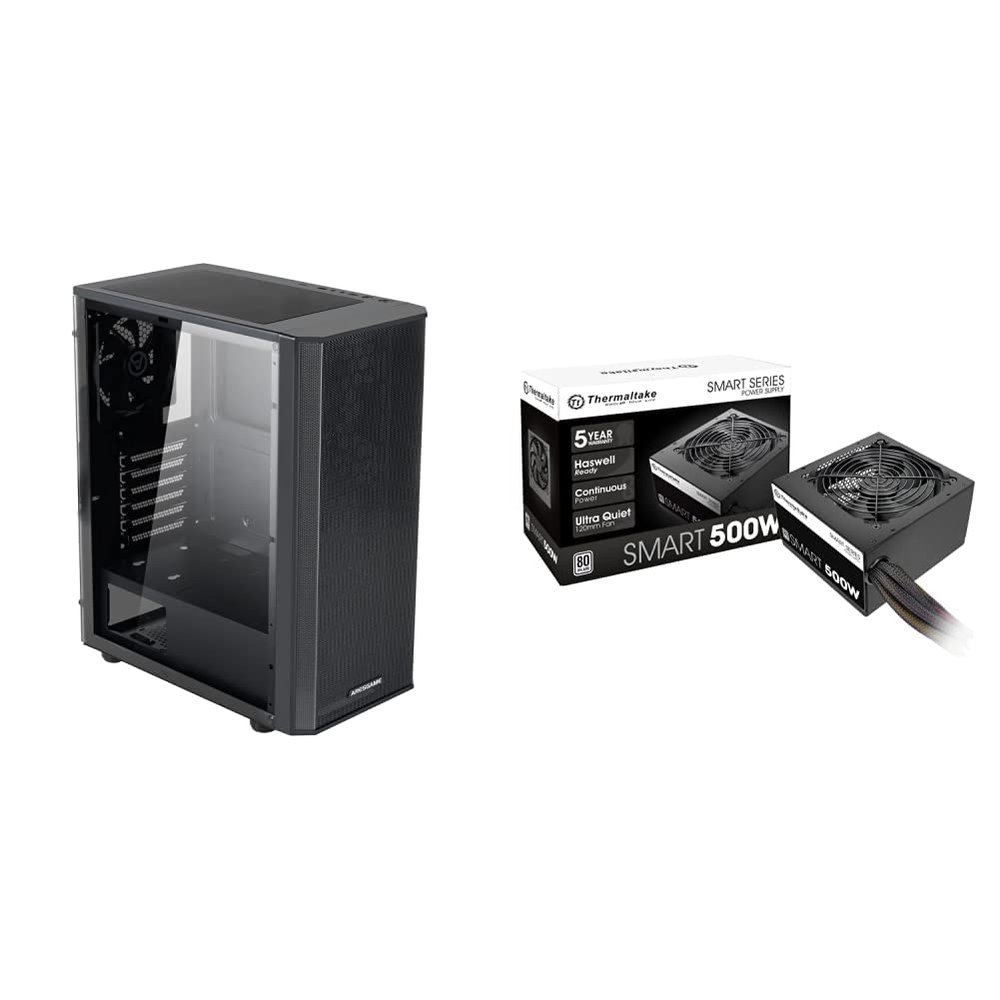 ARESGAME at-M1 Mid-Tower PC Case, Transparent Side Panel and ATX/M-ATX Support, Liquid Cooling Support up to 240mm Radiator, Black & Thermaltake Smart 500W 80+ White Certified PSU,