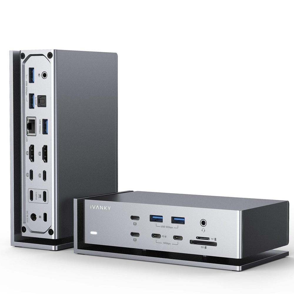 iVANKY FusionDock Max 1 Dual Thunderbolt 4 Chips, 20-in-1 Quad 6K@60Hz Monitor MacBook Docking Station, 40Gbps Dock for Mac M1/M2/M3 Pro/Max, 2HDMI 2.0, 96W PD, 10Gbps USB, 2.5 GbE, Silver