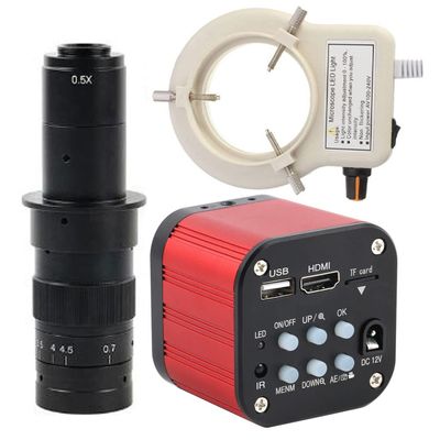 16MP 4K 1080P USB HDMI Digital Video Industrial Microscope Camera & 180X C-Mount Lens Whit 56-LED Adjustable Ring Light