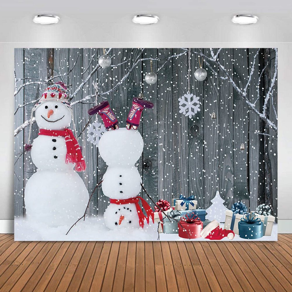 MAQTT 7X5FT Christmas Day Photography Background Snow Capped Pine Trees and Snowman Gifts Friends Birthday Party Decoration Backdrop Banner Prop Photo