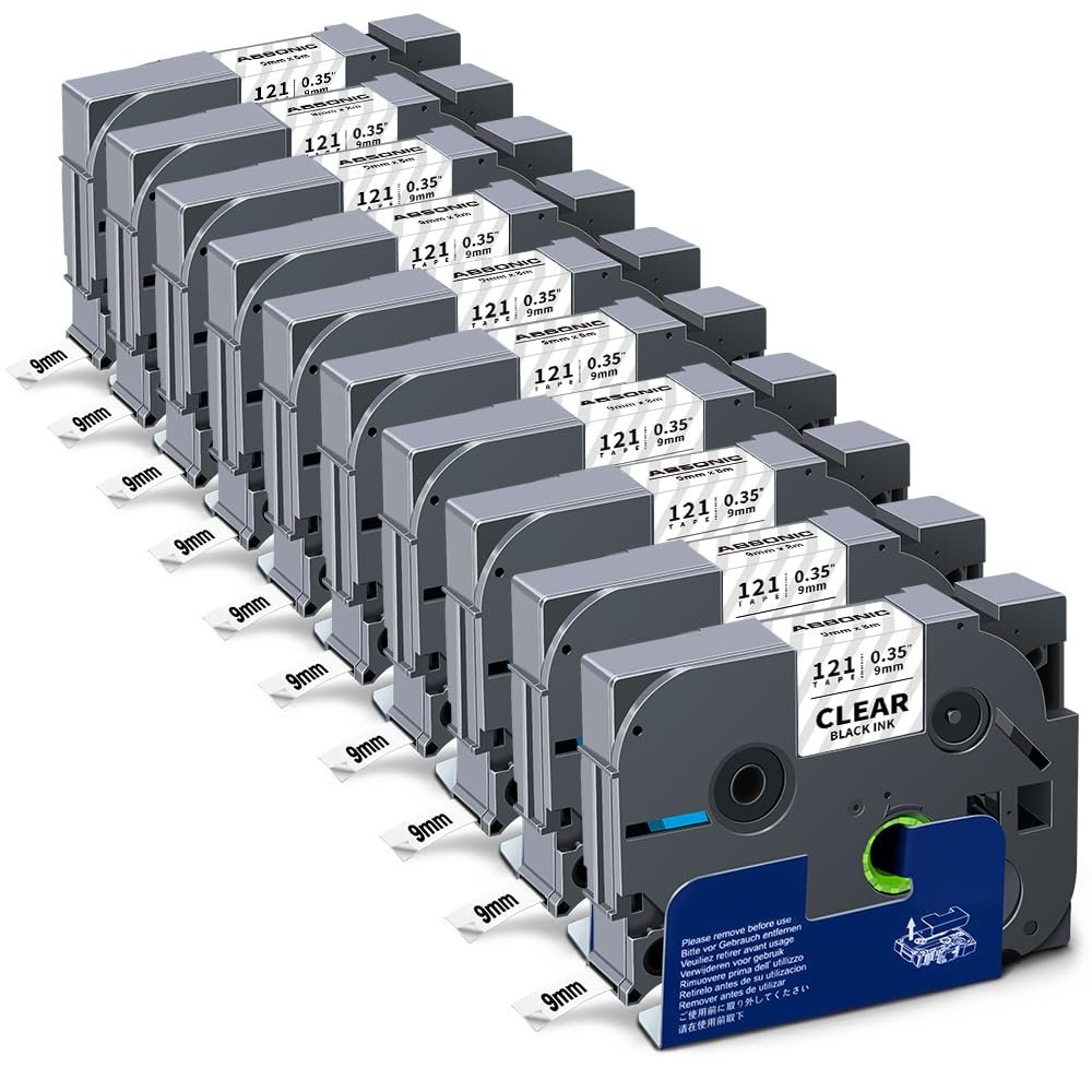 Absonic 10-Pack Tze-121 9mm 0.35 Black on Clear Label Tape Compatible for Brother Tze121 Tz121 Tz-121 P Touch Label Tape 9mm Laminated Clear Tze Tz Tape 3/8 Inch for PTD210 PTD220 PTD410 PTH110 PTD200