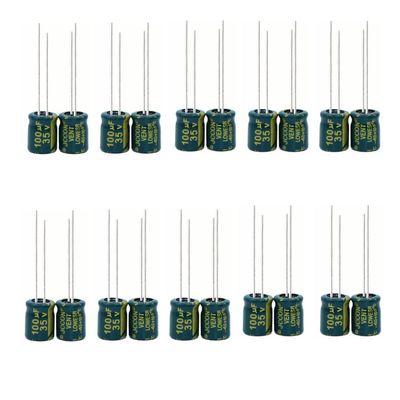 100pcs jccon 100uf 35v Green Gold Capacitors Audio Amplifier Inline High-Frequency Low Resistance Aluminium Electrolytic Capacitor (6x11mm)