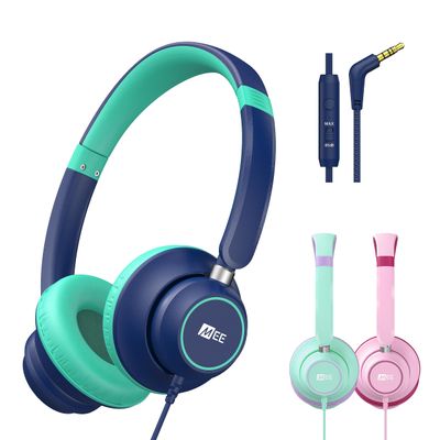MEE Audio KidJamz KJ45 Childrens Safe Listening Headphones with Volume Limiter & Microphone, Adjustable On-Ear Kids Headset Wired with 3.5mm Jack for Online Learning/School/Travel/Tablet (Blue/Teal)