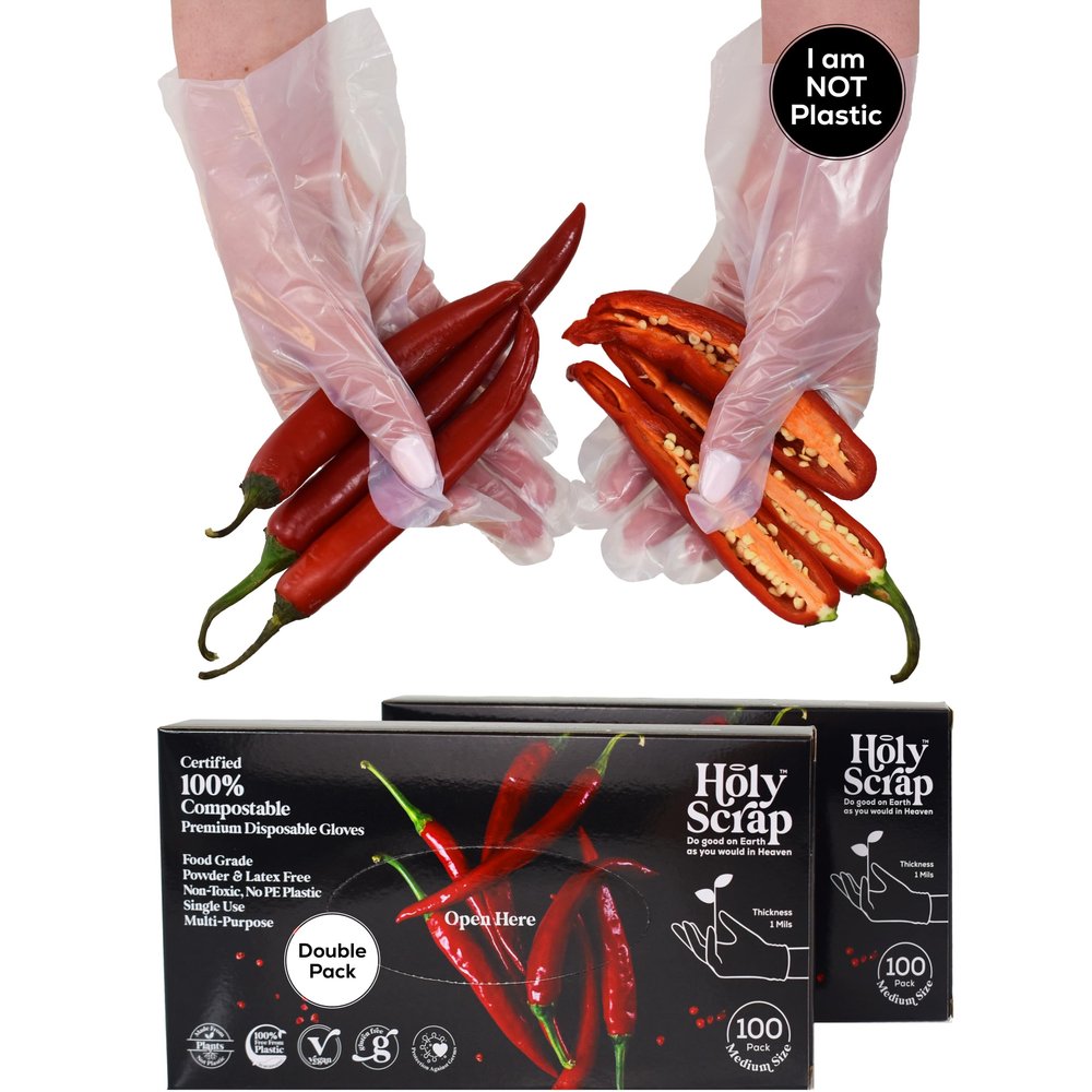 HOLY SCRAP! 100% Compostable Gloves MEDIUM - 200 Pack - Disposable Powder and Latex Free Gloves for Food Preparation, Cooking, Cleaning, Non-Toxic, Eco Friendly - BPI Certified, OK Compost Home