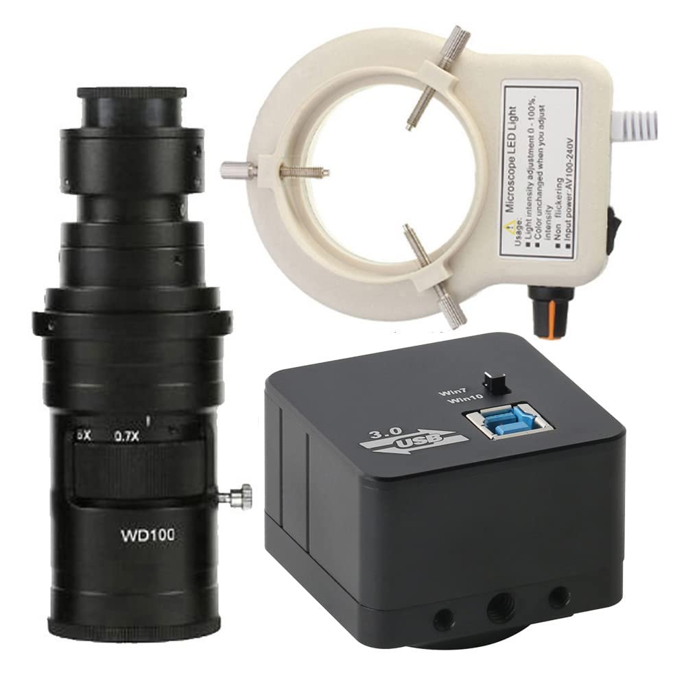 5MP USB3.0 HD Video Microscope Camera Industrial Digital Microscope & 200X C-Mount Lens Whit 56-LED Adjustable Ring Light