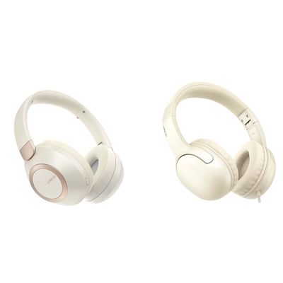 LORELEI B-C6 Wireless Over Ear Headphones (Beige White) & E5 Wired On Ear HeadphonesBeige White