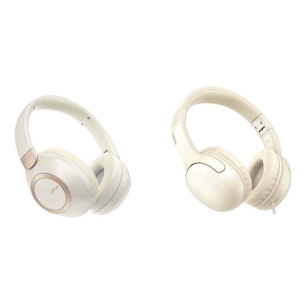 LORELEI B-C6 Wireless Over Ear Headphones (Beige White) & E5 Wired On Ear HeadphonesBeige White