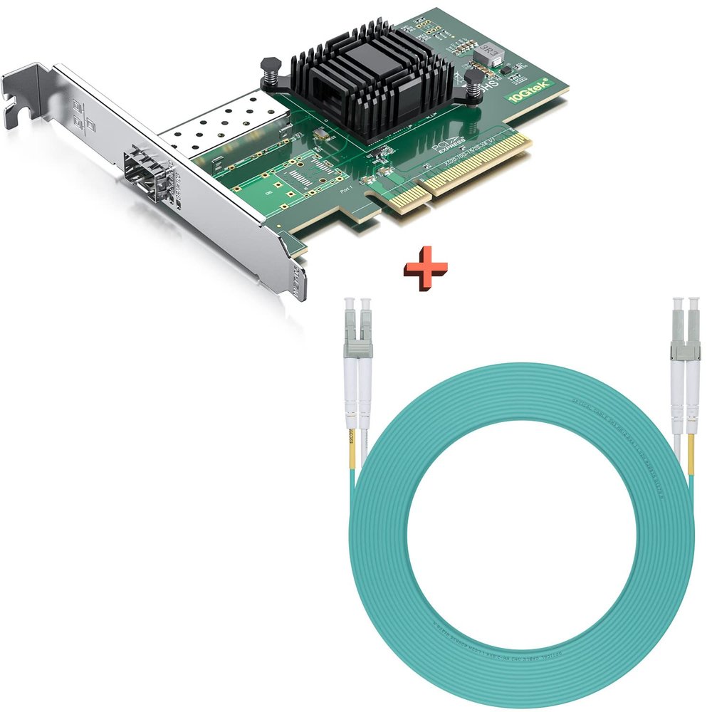 10Gb SFP+ PCI-E NIC with 20M OM3 LC to LC Fiber Patch Cable, Compare to Intel X520-DA1 Network Card, Single SFP+ Port, PCI Express X8, Support Windows Server/Linux/VMware
