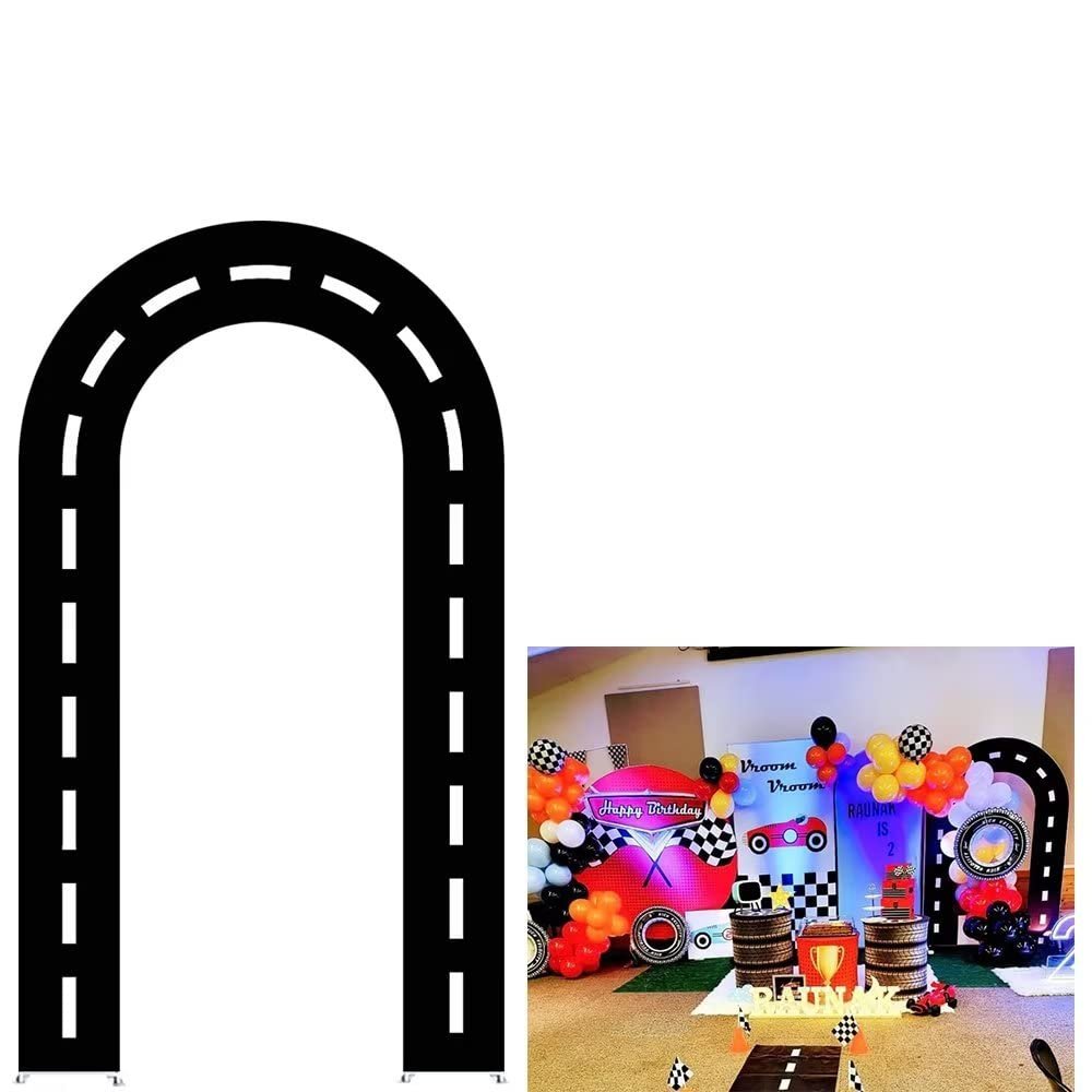 KONPON Black Racing Car Road U-Shaped Arch Backdrop Cover for Birthday Party Decoration Finish Line Racing Double-Sided Stretchy Open Arch Backdrop Stand Cover