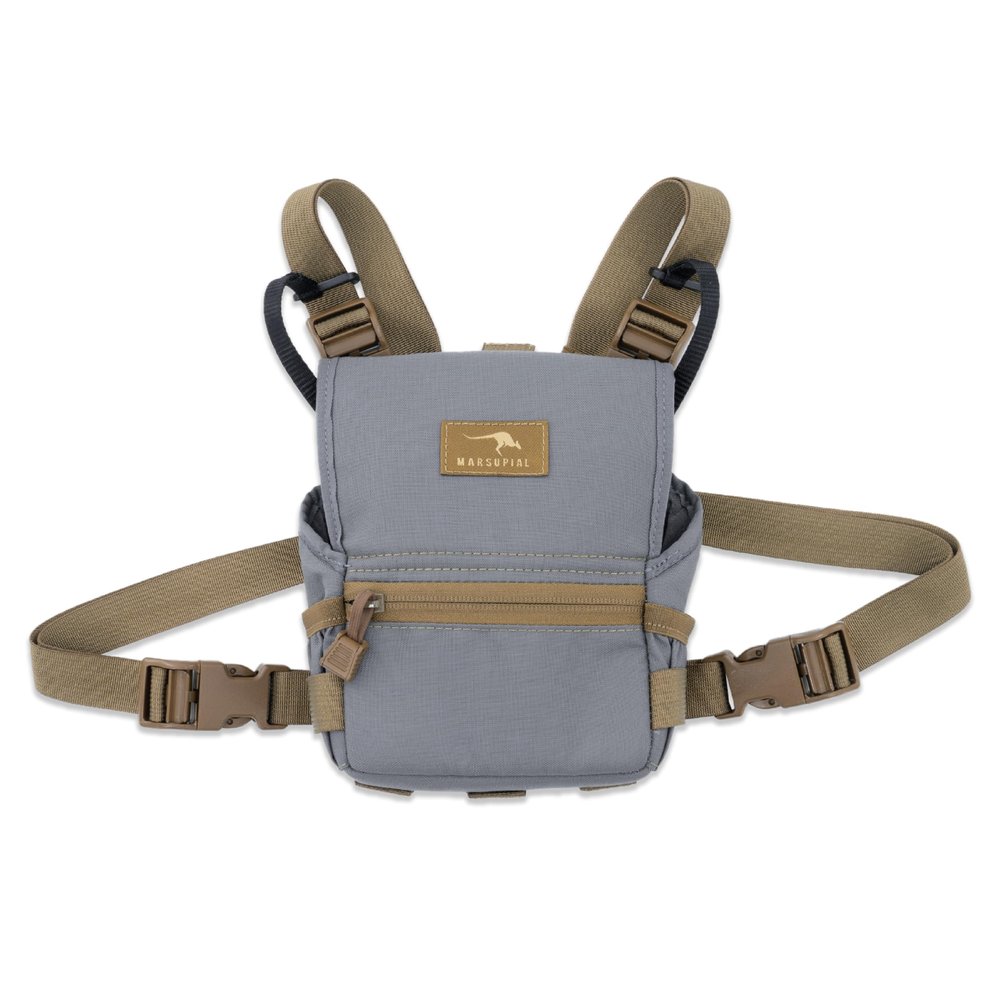 Marsupial Gear Standard Binocular Pack - Magnetic Bino Chest Harness Great for Quick One-Handed Access While Hunting with Storage Pockets, Wolf/Coyote, Small