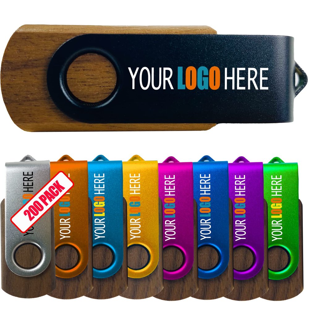 [4GB-200pcs] Custom Wooden USB Flash Drive 4GB with Frosted Metal Cover 200 Pack Bulk Wood USB Drives with Personalized Logo Customized Thumb Drives with Brand / - Walnut