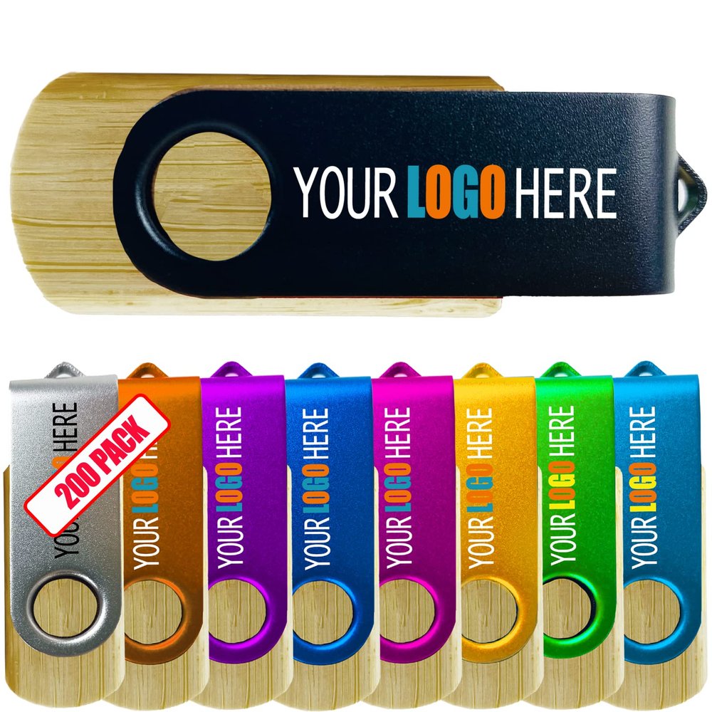 [2GB-200pcs] Custom Wooden USB Flash Drive 2GB with Frosted Metal Cover 200 Pack Bulk Wood USB Drives with Personalized Logo Customized Thumb Drives with Brand - Maple