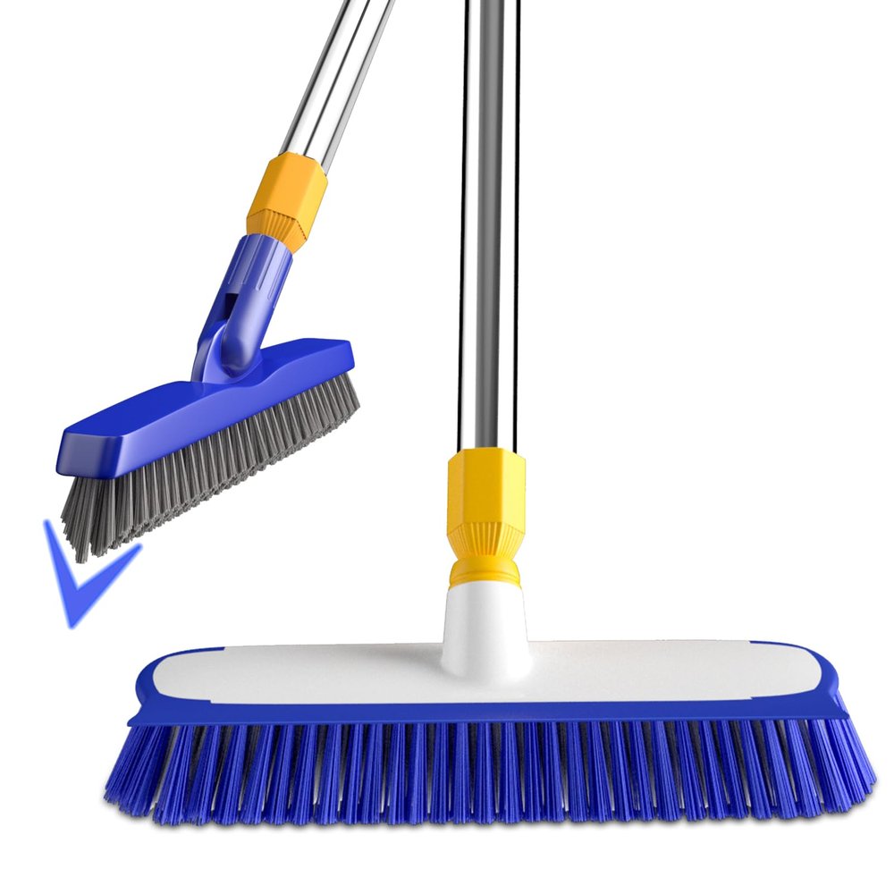 ITTAHO 12" Wide Floor Scrub and Grout Brush Set With Long Extendable Handle - Stiff Bristle Heavy Duty Cleaner for Tile, Deck, Garage, Kitchen, Bathroom