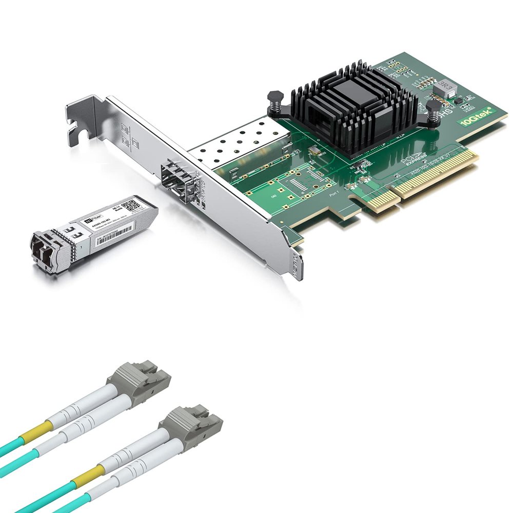 10Gb SFP+ PCI-E NIC with 10G MultiMode SFP+ LC Module with 3m OM3 LC to LC Fiber Patch Cable, Compare to Intel X520-DA1 Network Card, Single SFP+ Port, PCI Express X8, Support Windows/Linux/VMware