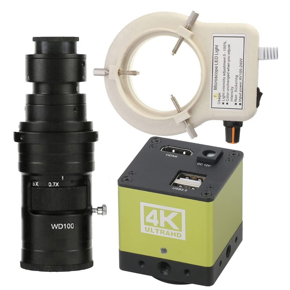 4K UHD 1080P HDMI Industrial Microscope Camera & 200X C-Mount Lens Whit 56-LED Adjustable Ring Light