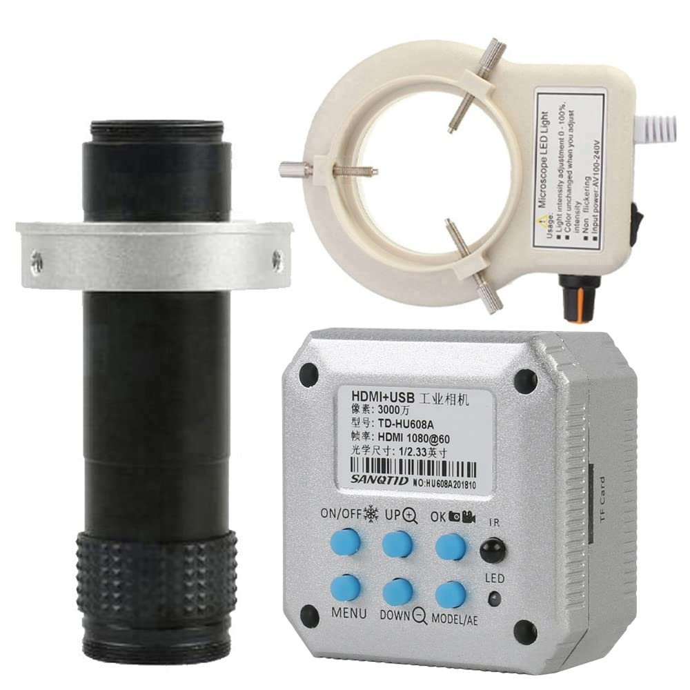 30MP 1080P Industrial Microscope Camera HDMI USB Output TF Card Storage Video & 120X C-Mount Lens Whit 56-LED Adjustable Ring Light