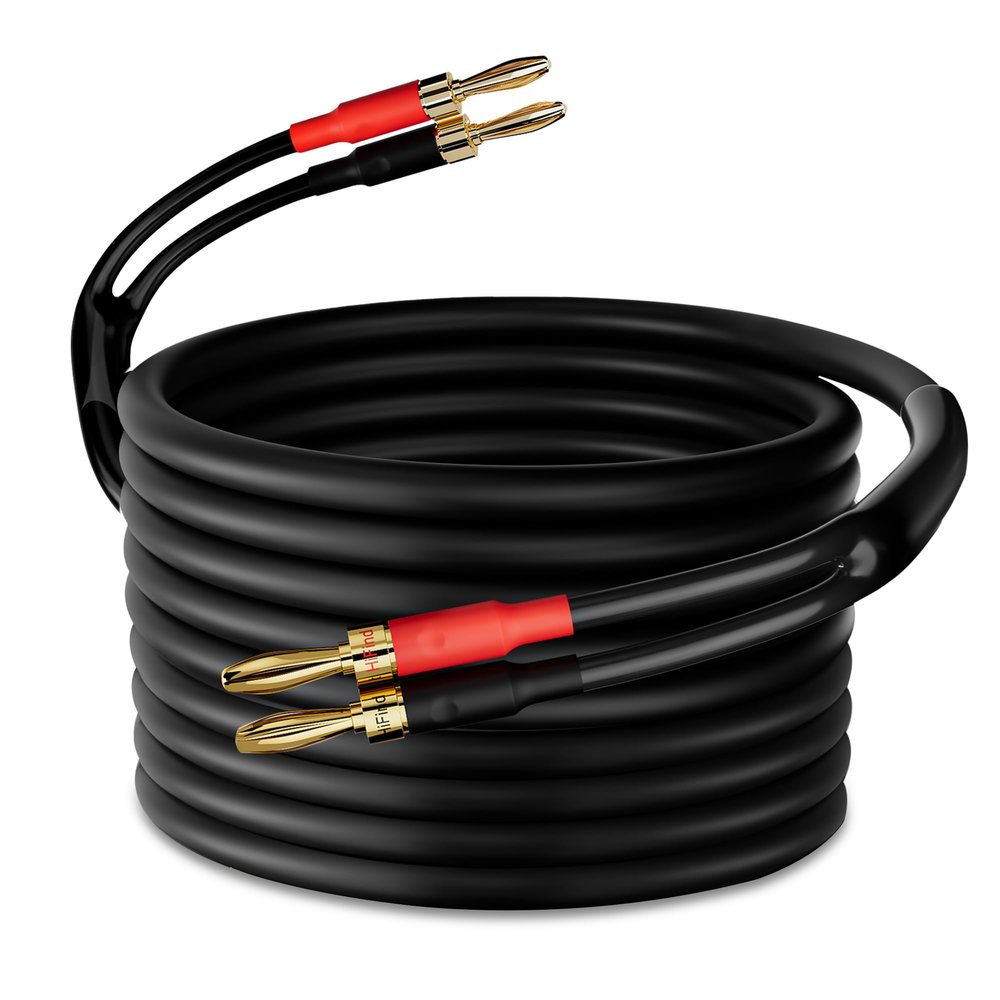 HiFind Speaker Cable Wire 40 Ft with Gold-Plated Banana Tip Plugs-UL CL3 Rated-Indoor&Outdoor&in Wall-Flexible-16 AWG Gauge Tinned Copper for Bi-Wire Bi-Amp HiFi Surround Sound-Black