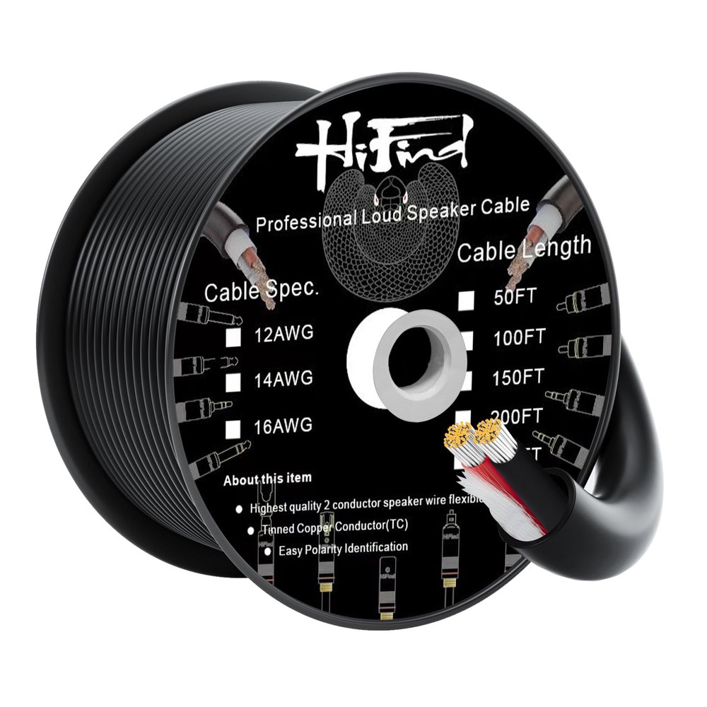 HiFind 12/2 Gauge Speaker Wire Cable 50 Ft-Tinned OFC Copper-UL CL3 Rated- Indoor/Outdoor-Pro Series 12 AWG-UV PVC Jacket&Cotton, Hi-Fi Sound for Car Audio,Home Theater Speakers,Stereos-Black