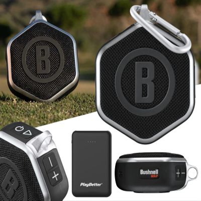 PlayBetter Bushnell Wingman Mini (Silver/Black) Magnetic GPS Golf Speaker Bundle Portable Charger - Music & Audible Distances Bluetooth Speaker for Golf Cart - 36,000+ Courses