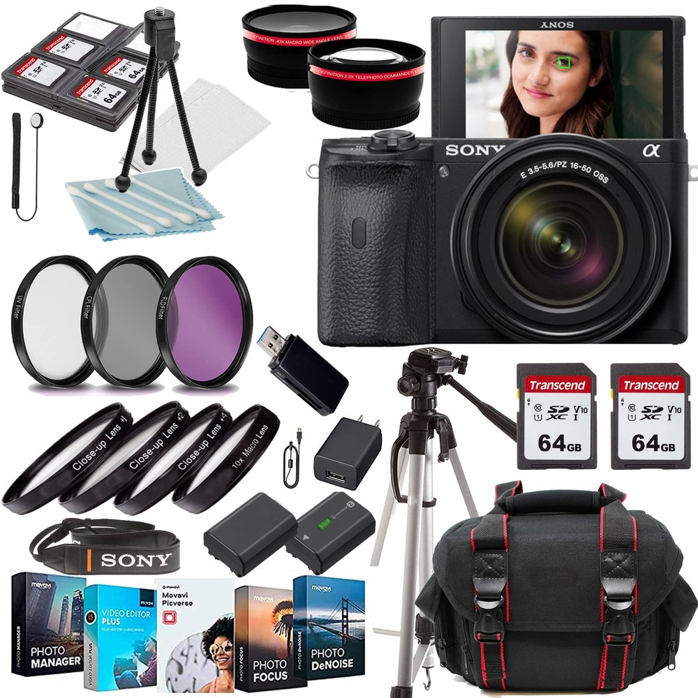 Sony a6600 Mirrorless Camera (ILCE6600/B) E PZ 16-50mm f/3.5-5.6 OSS Lens+Case+128 GIG Memory Cards+Commander Starter Kit(17PC) Bundle