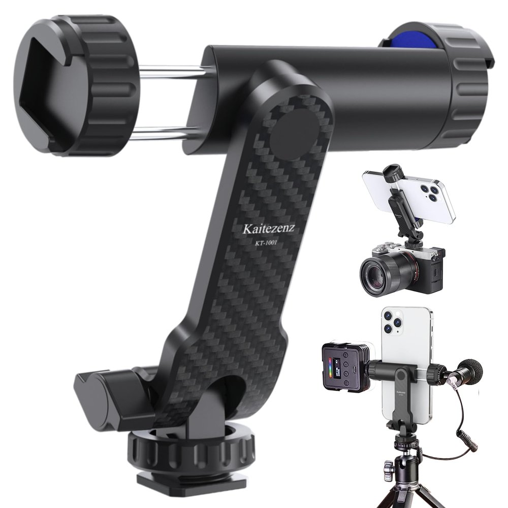 Kaitezenz Cell Phone Tripod Mount, Universal Tripod Phone Mount with 2 Cold Shoes, 360 Rotates 180 Tilts Camera Hot Shoe Phone Mount Smartphone Tripod Holder Adapter for iPhone Samsung All Phone