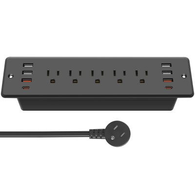 CCCEI Recessed Power Strip Surge Protector with 5 Outlets, USB 3.0 USB-A and 45W USB-C Ports, Built in Furniture Desk Hidden Outlet, with 10 FT 45 Degree Flat Plug Extension Cord.