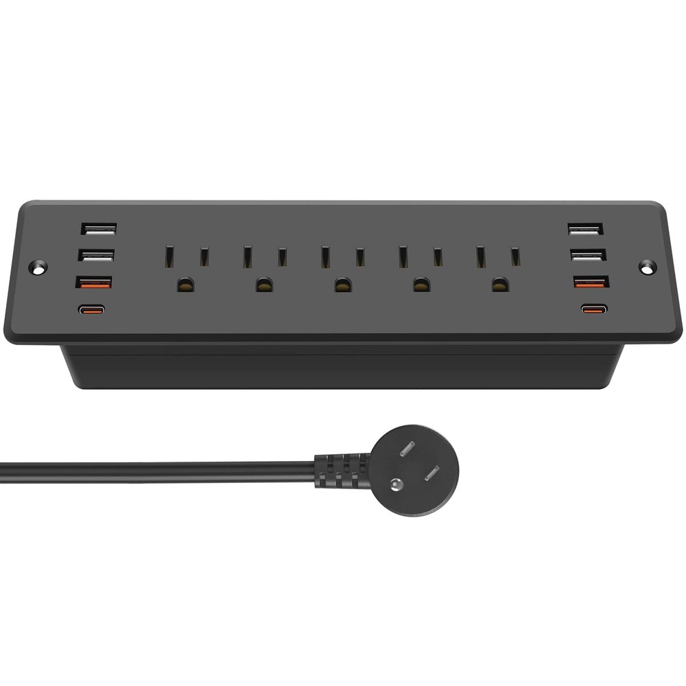 CCCEI Recessed Power Strip Surge Protector with 5 Outlets, USB 3.0 USB-A and 45W USB-C Ports, Built in Furniture Desk Hidden Outlet, with 10 FT 45 Degree Flat Plug Extension Cord.