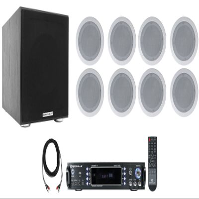 Rockville HC55-16 White Bundle: (8) 5.25 in 300-Watt in-Ceiling Speakers, Rock Shaker 8 400-Watt Powered Subwoofer, RPA60BT V2 1000-Watt 2-Ch Karaoke Amplifier Mixer, RCDR25B Dual RCA Cable, 11-Items