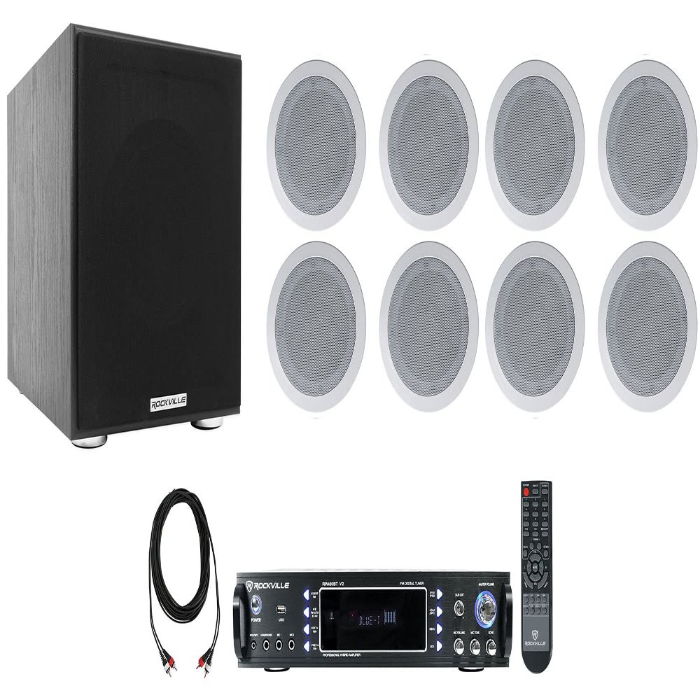 Rockville HC55-16 White Bundle: (8) 5.25 in 300-Watt in-Ceiling Speakers, Rock Shaker 8 400-Watt Powered Subwoofer, RPA60BT V2 1000-Watt 2-Ch Karaoke Amplifier Mixer, RCDR25B Dual RCA Cable, 11-Items