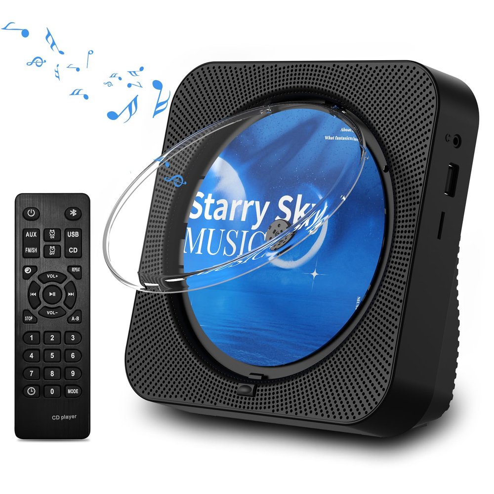 CD Player Portable Bluetooth 5.1 Desktop CD Player with HiFi Sound Speakers,Remote Control,Dust Cover,LED Display,Boombox FM Radio,USB/AUX for Home,Kids (Black)