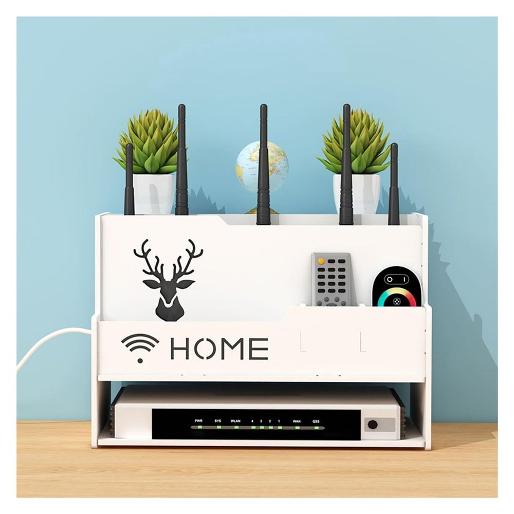 WiFi Router Storage Box Living Room Desktop TV Set-top Box Modem Box Shelf Cable Placement with Remote Control Compartments - White,13.3x8.6x9.4inches
